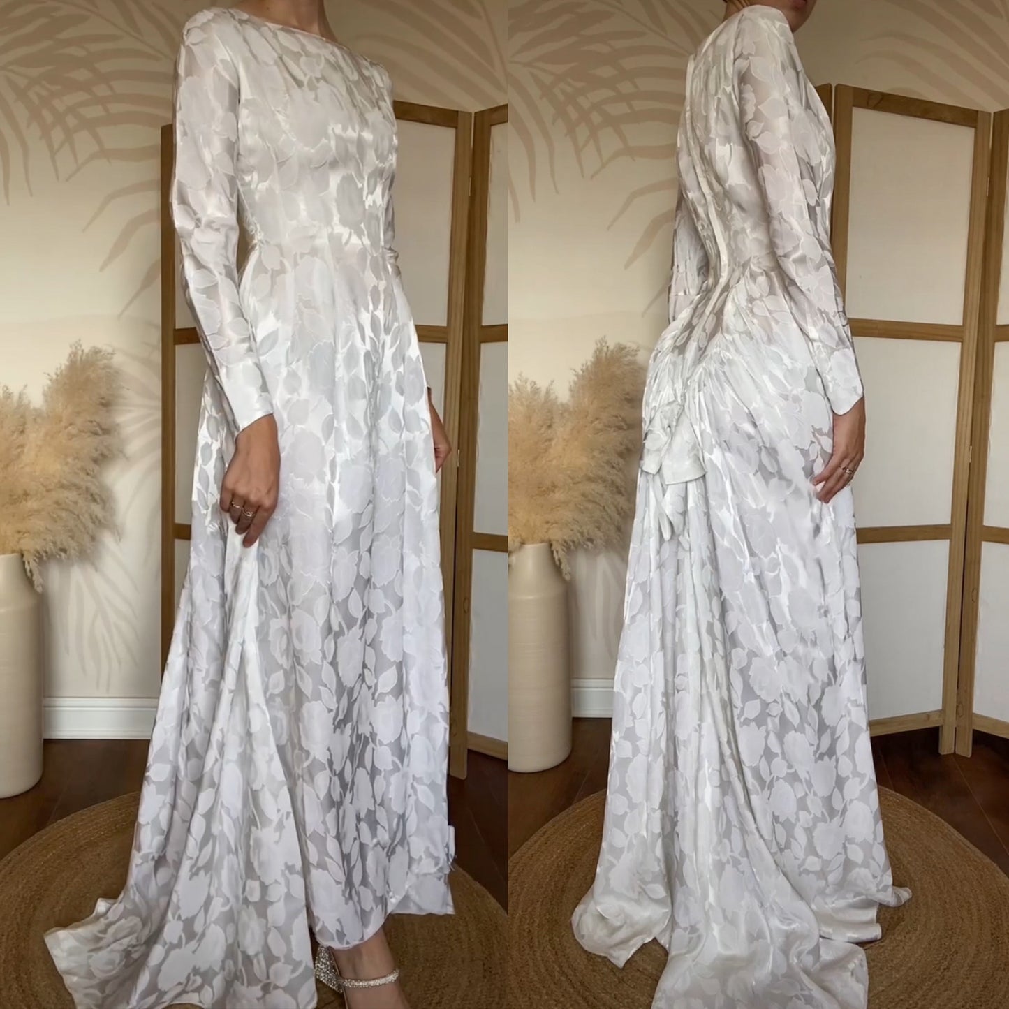 70s white damask floral long sleeve wedding dress uk 8-10