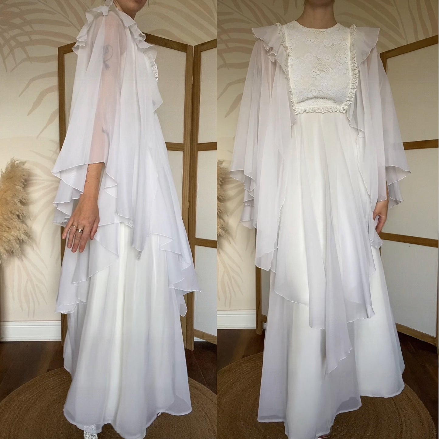 70s petite flared white/cream long sleeve wedding dress uk 8