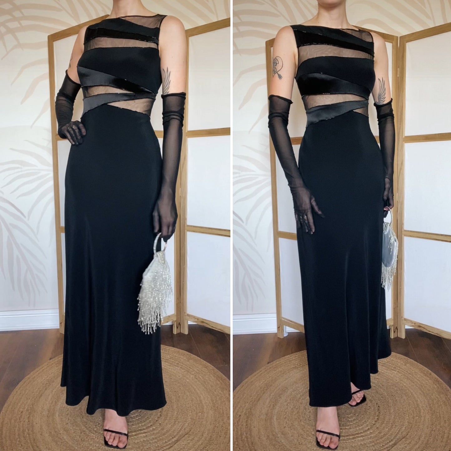 Black Dusk beaded sheer cut out evening dress UK 14