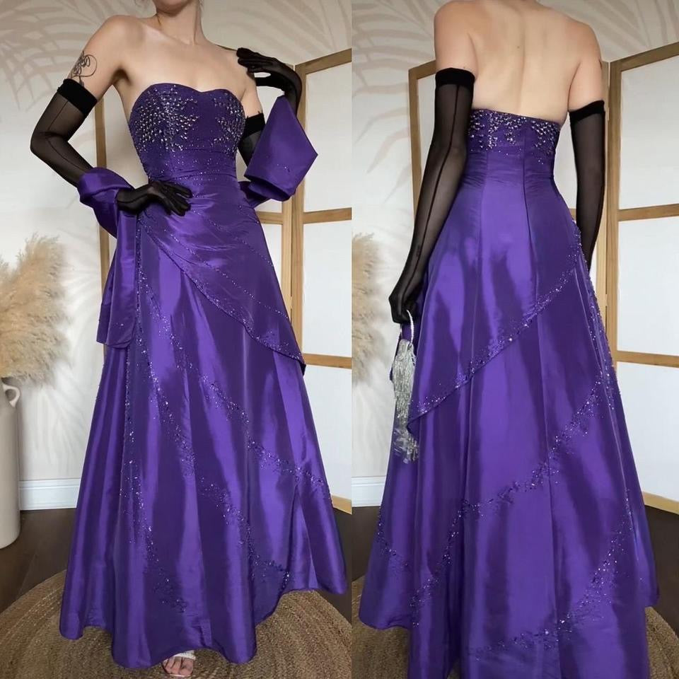 Strapless purple beaded a-line prom dress & shawl uk 12