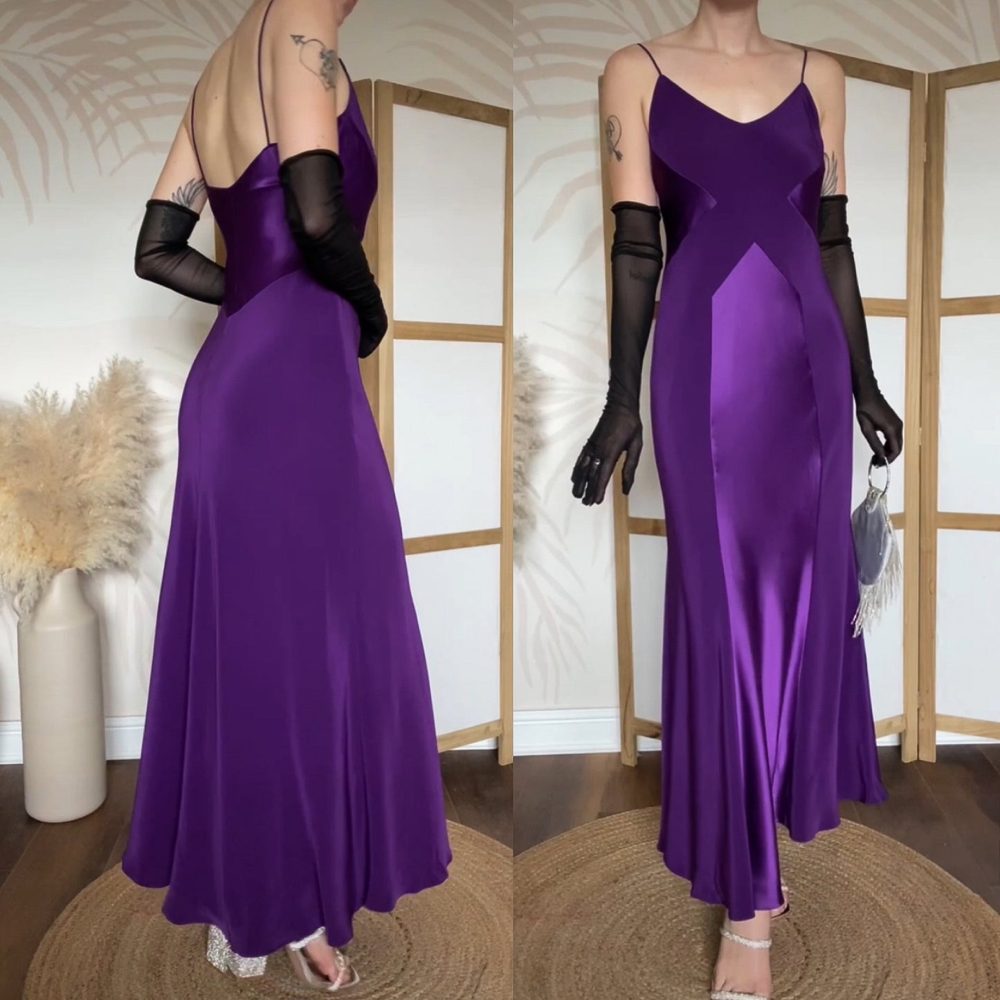 Purple satin panel slip evening gown UK 10-12