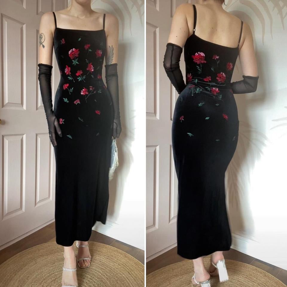 Monsoon black velvet stretch evening dress UK 12-14