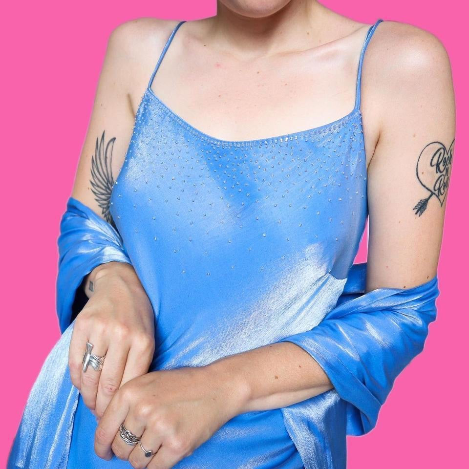 Silky blue beaded slip dress & shawl UK 12