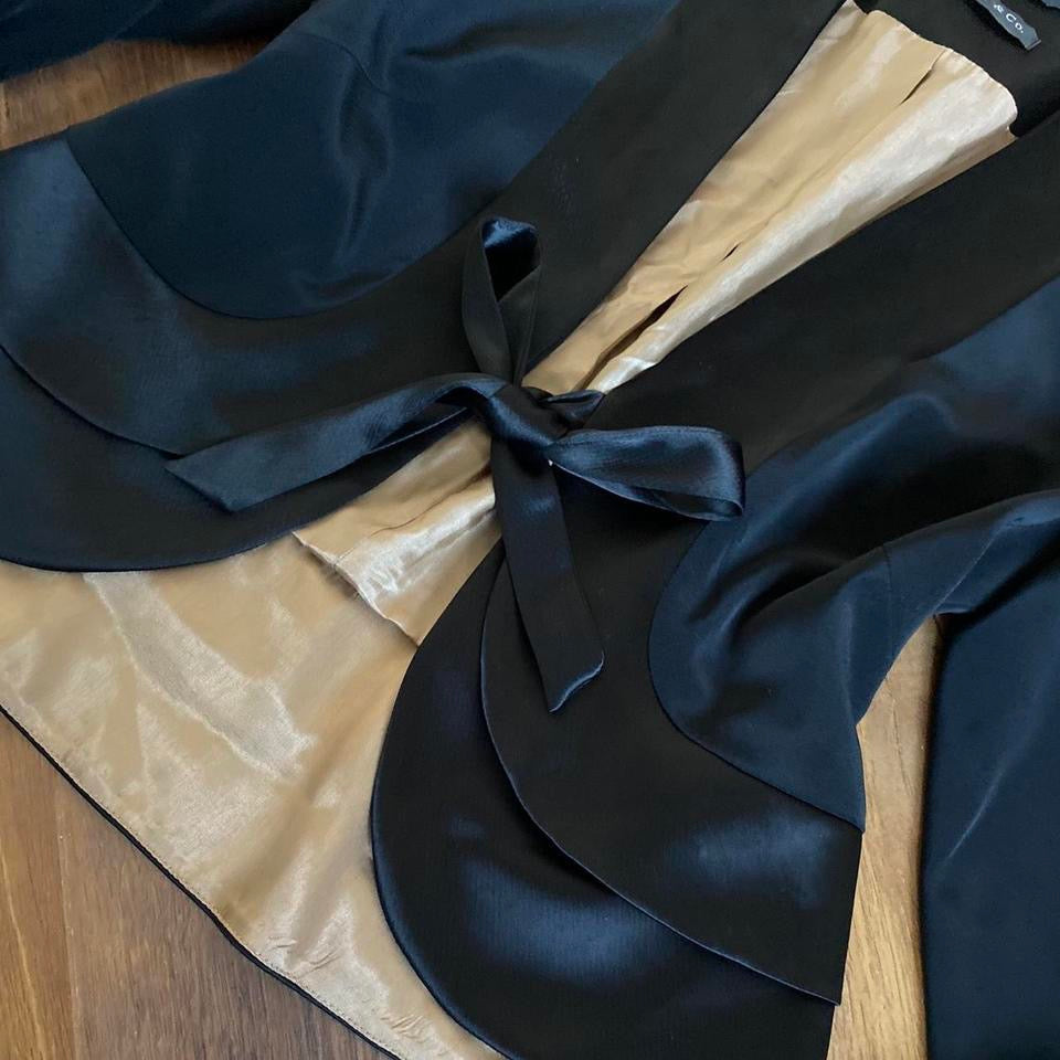 Black satin tie front evening jacket UK 10