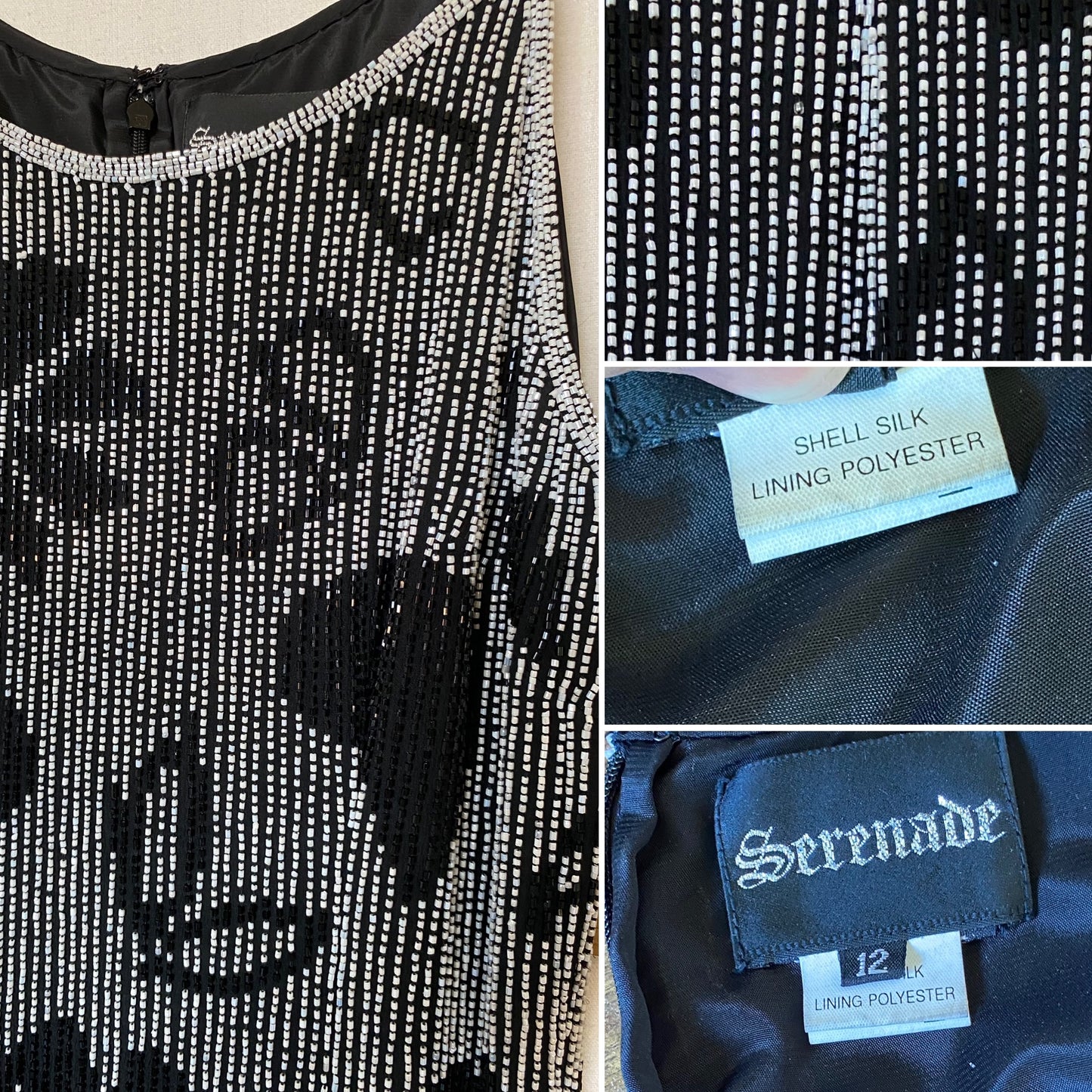 Black & white Serenade silk beaded gown uk 10-12