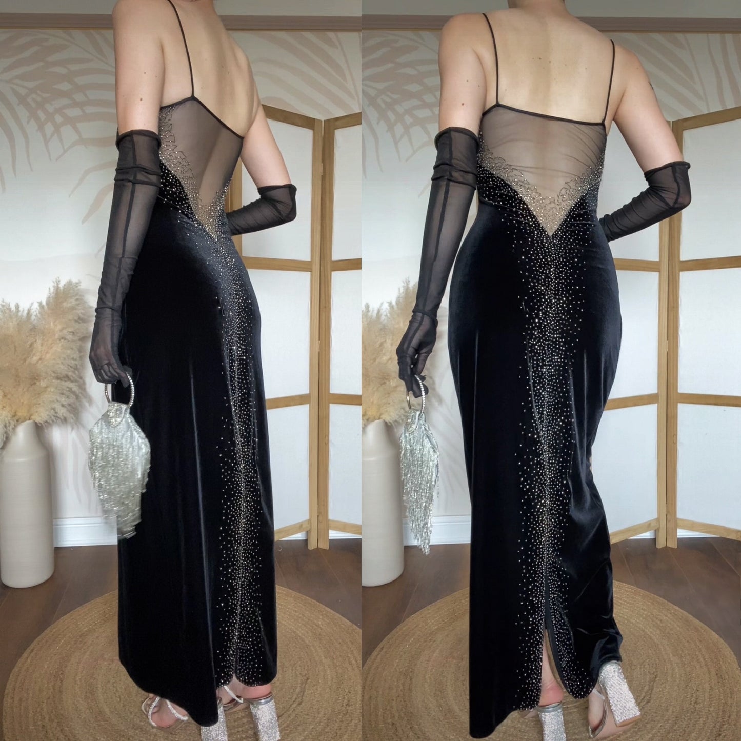 Dave & Johnny black velvet stretch beaded evening dress uk 10