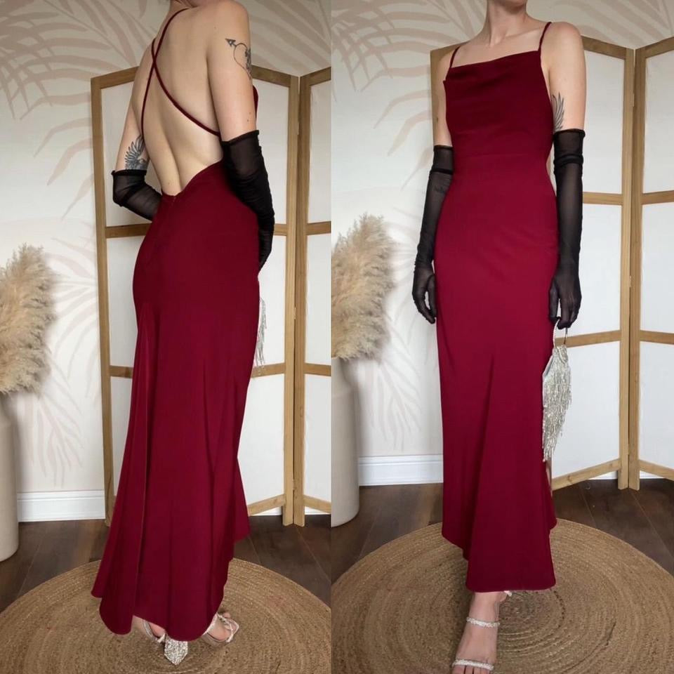 Dawn Stretton burgundy open back evening dress uk 8