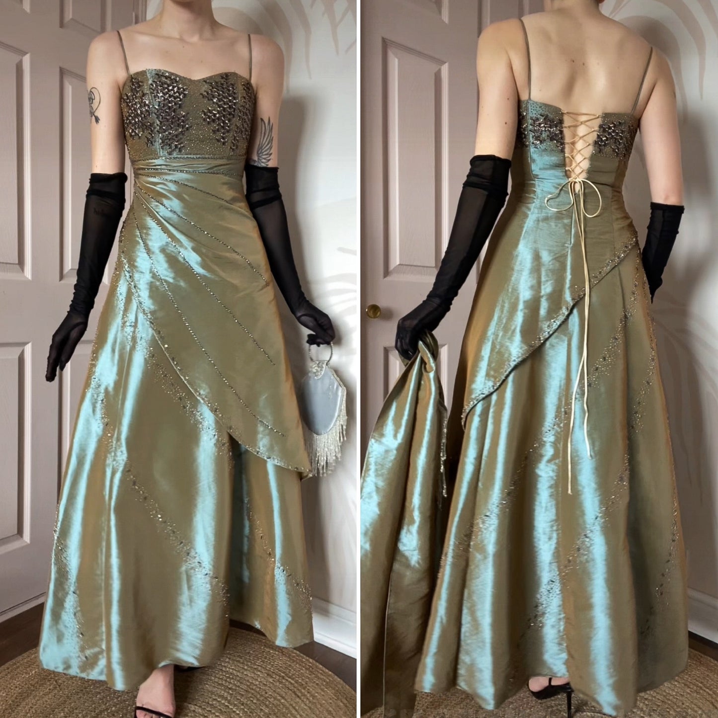 Tiffany Bling green beaded a-line prom dress & shawl UK 8