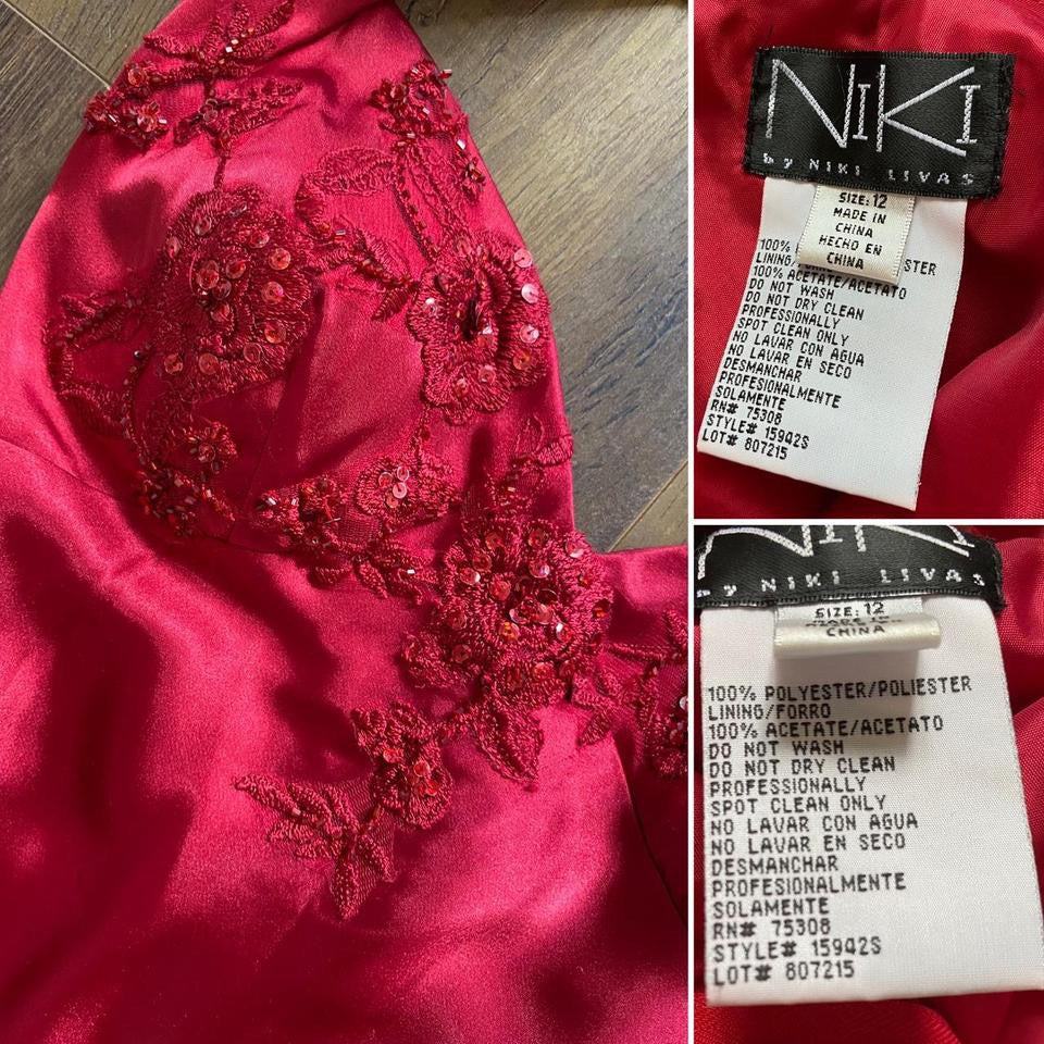 Niki Livas red satin halter-neck evening dress uk 12