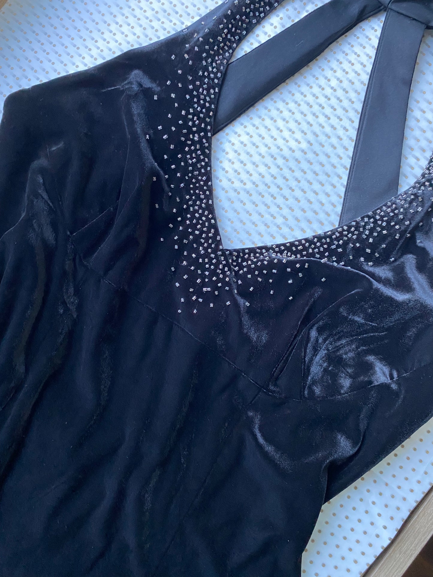 Black velvet beaded stretch evening dress UK 16