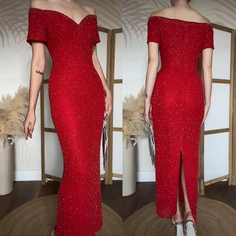 Red 100% silk beaded off the shoulder gown & shawl uk 10