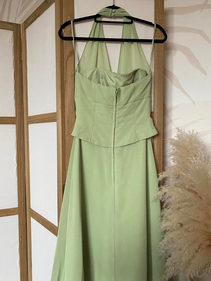 Green halter-neck chiffon evening dress uk 8