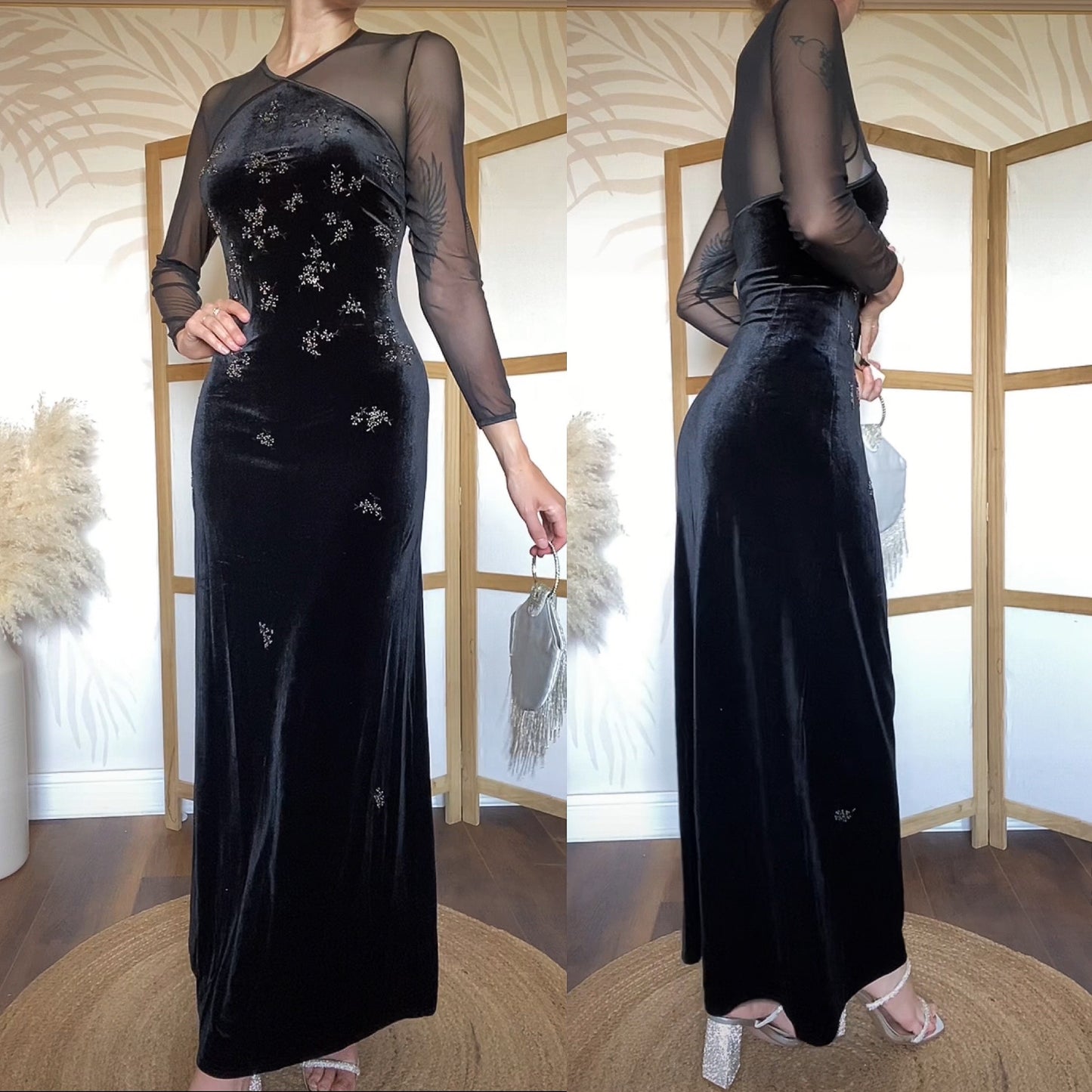 Gina Bacconi black velvet long sleeve evening dress uk 14