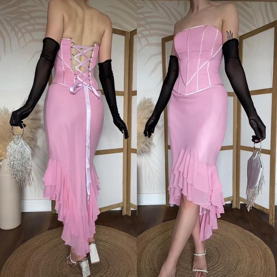 Baby pink silk strapless corset evening dress uk 8