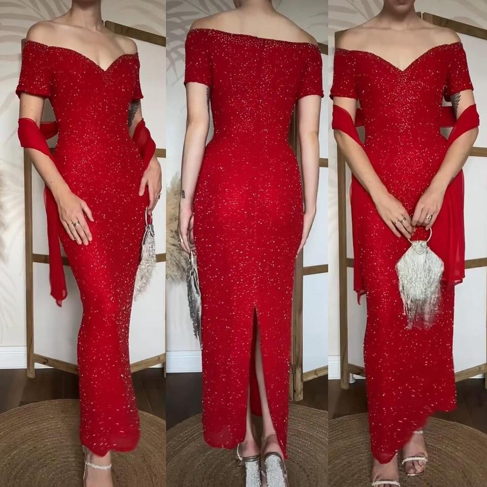 Red 100% silk beaded off the shoulder gown & shawl uk 10