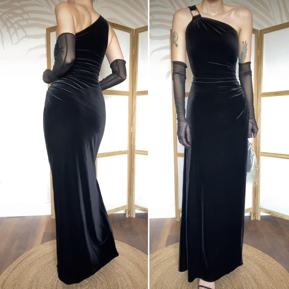 Laundry 90s black one shoulder velvet evening dress UK 14