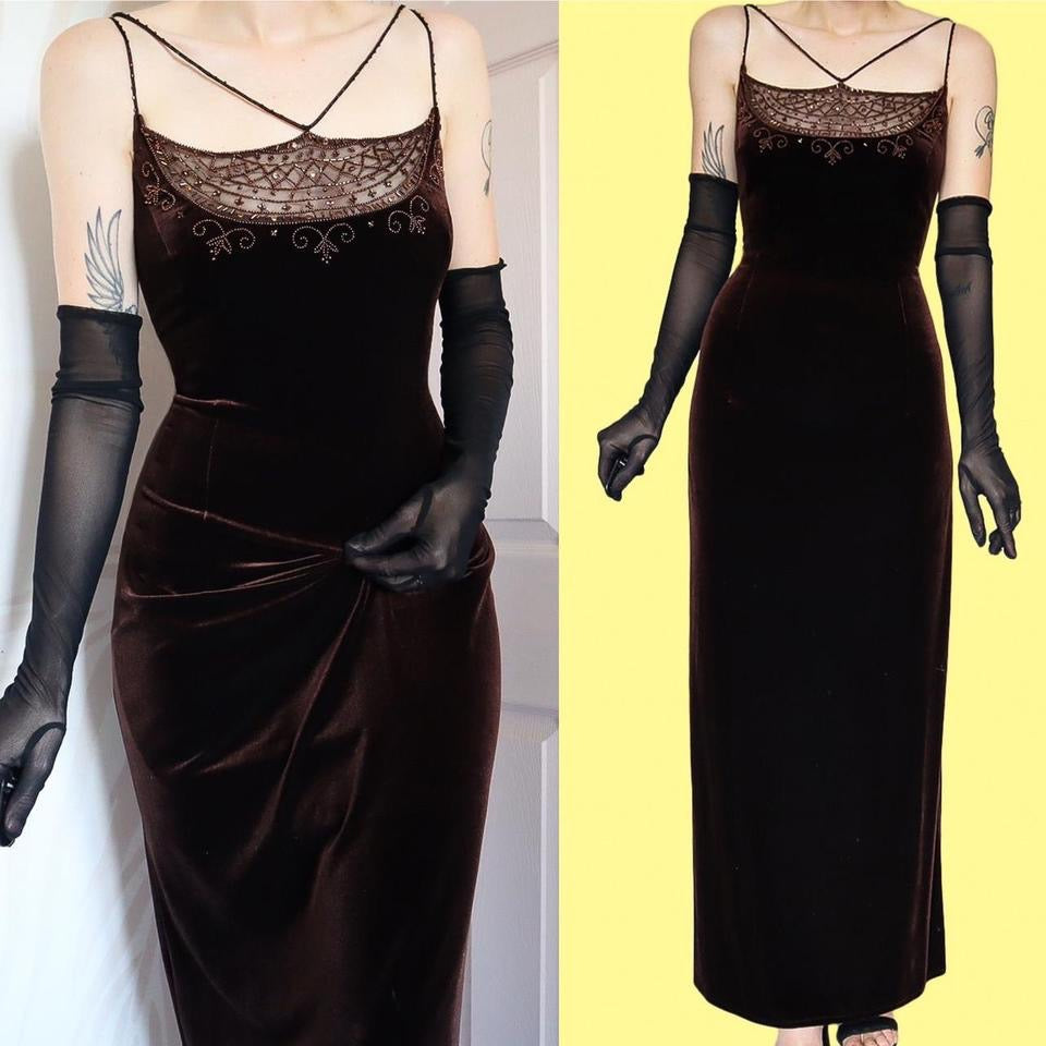 Vintage 90s Dave & Johnny Brown Velvet Beaded Evening Gown UK Size 16