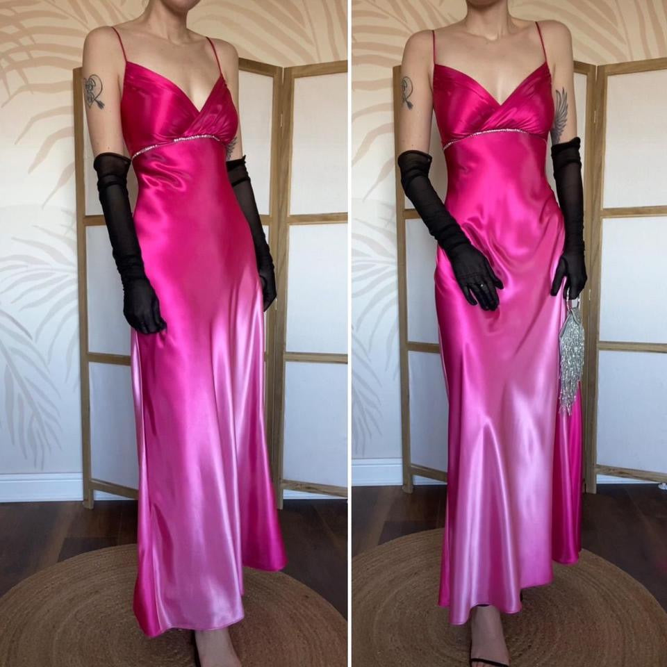 Silky pink ombré diamanté evening dress UK 14