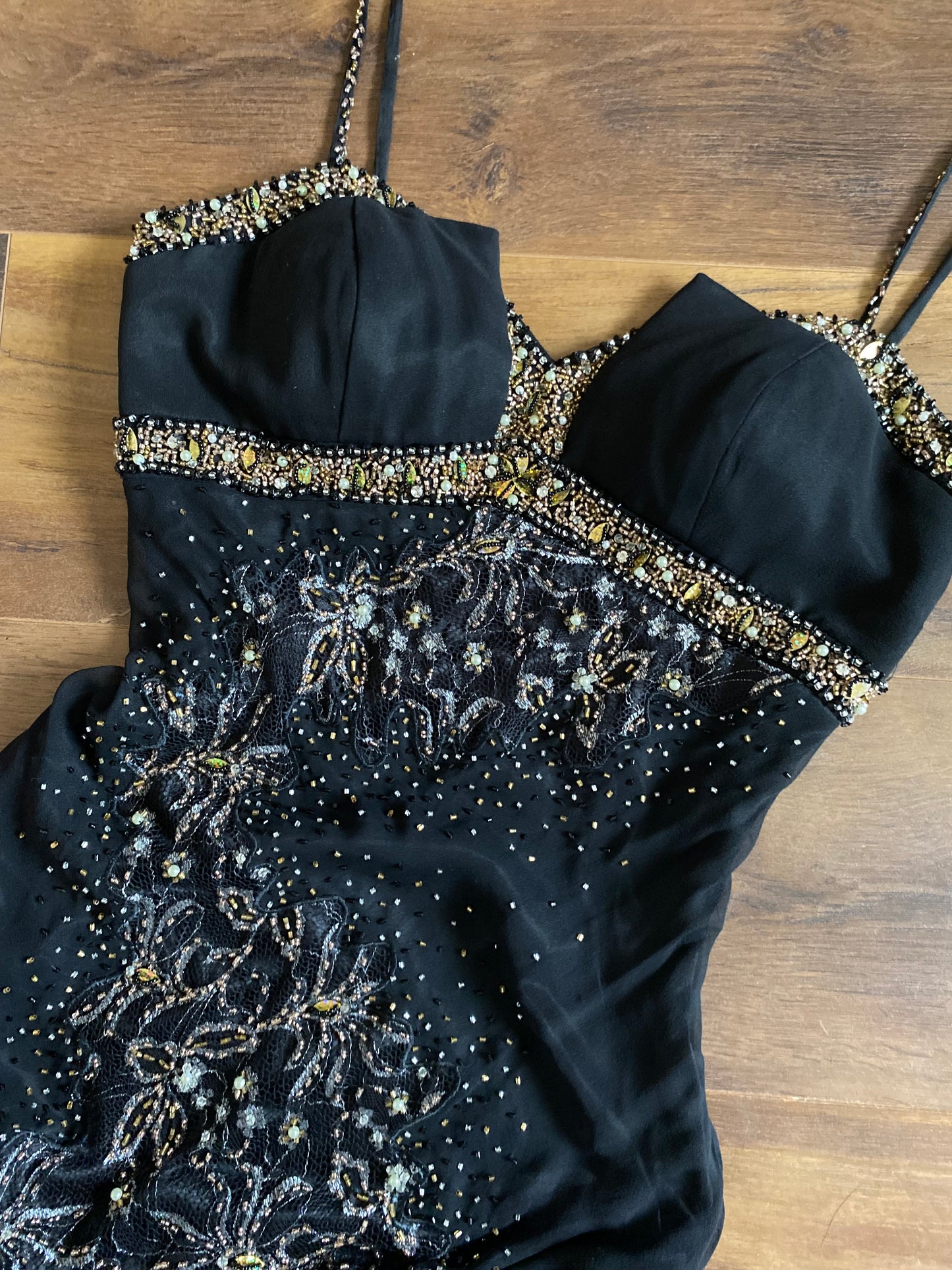 100% silk beaded lace black dress UK 10-12