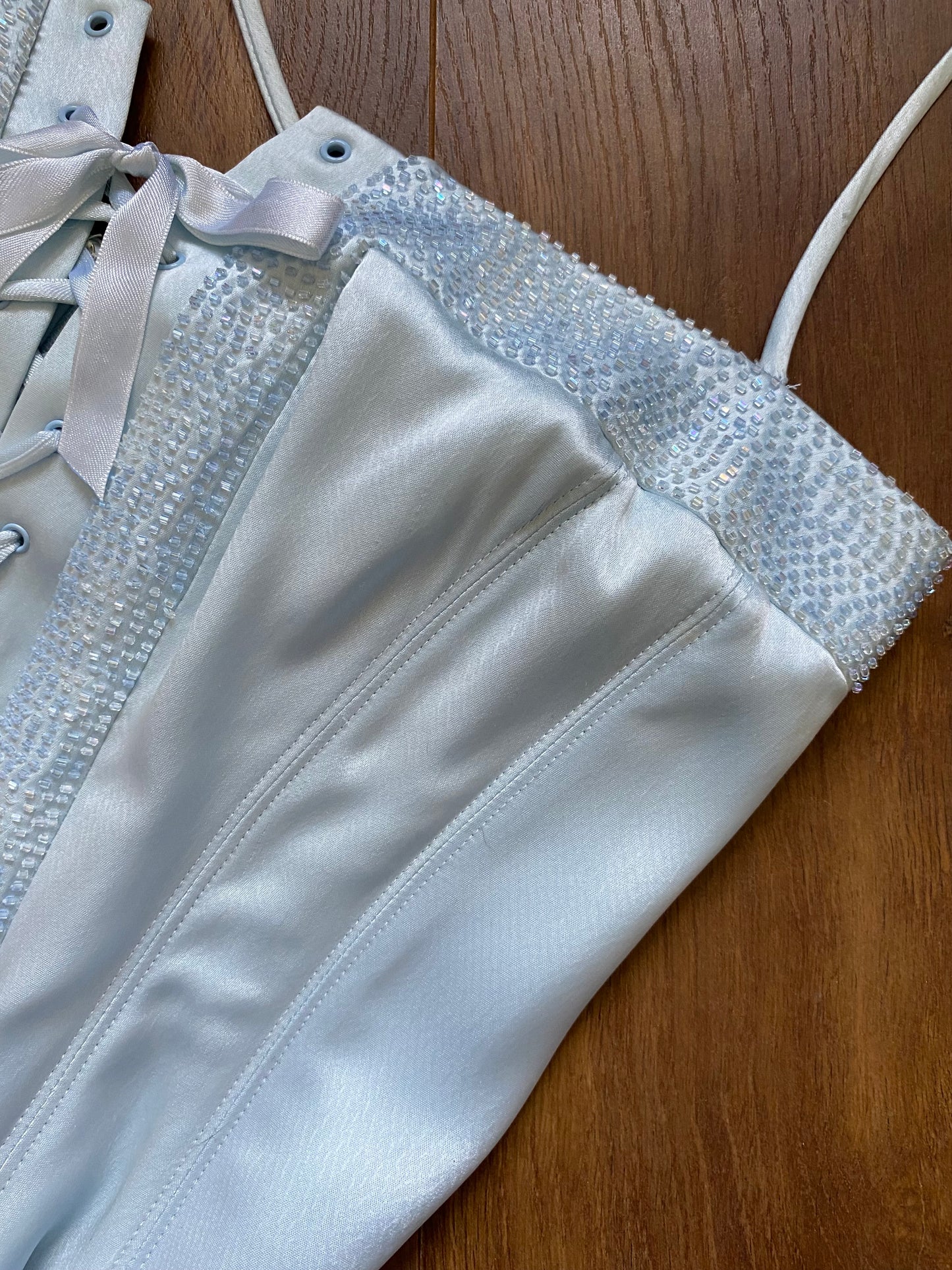 Ice blue beaded lace up evening dress uk 12