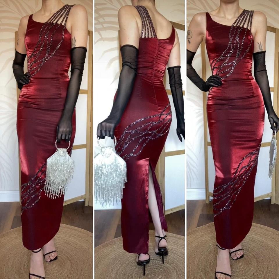 YVE London silky red beaded evening dress UK 6-8