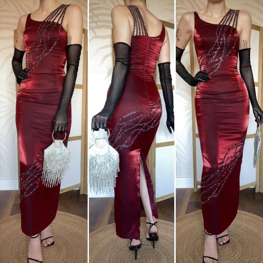 YVE London silky red beaded evening dress UK 6-8