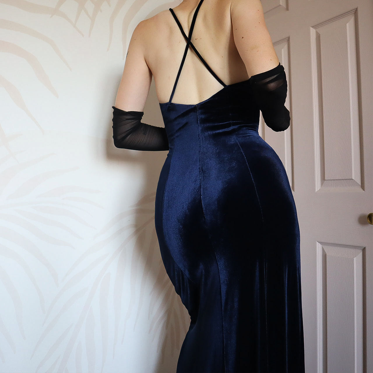 Vintage Gina Bacconi Blue Velvet evening Gown UK 14