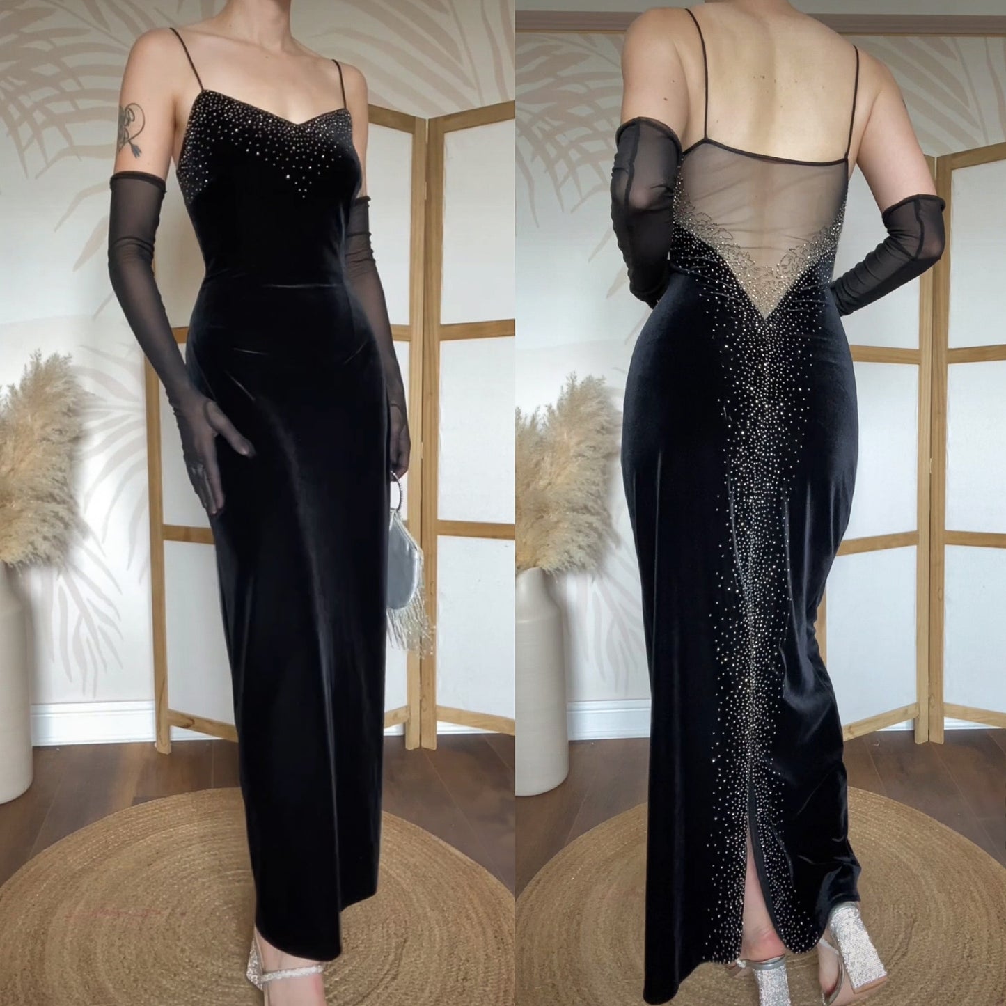 Dave & Johnny black velvet stretch beaded evening dress uk 10