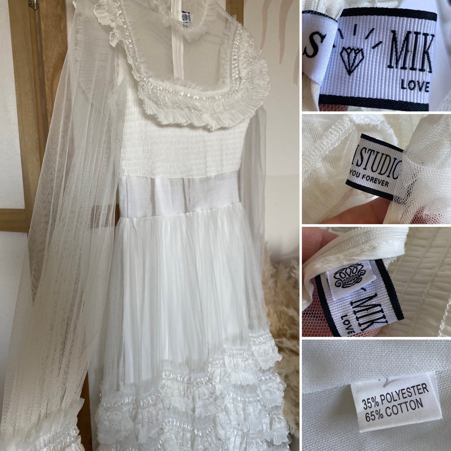 White frilly long sleeve lace wedding dress uk S/8-10