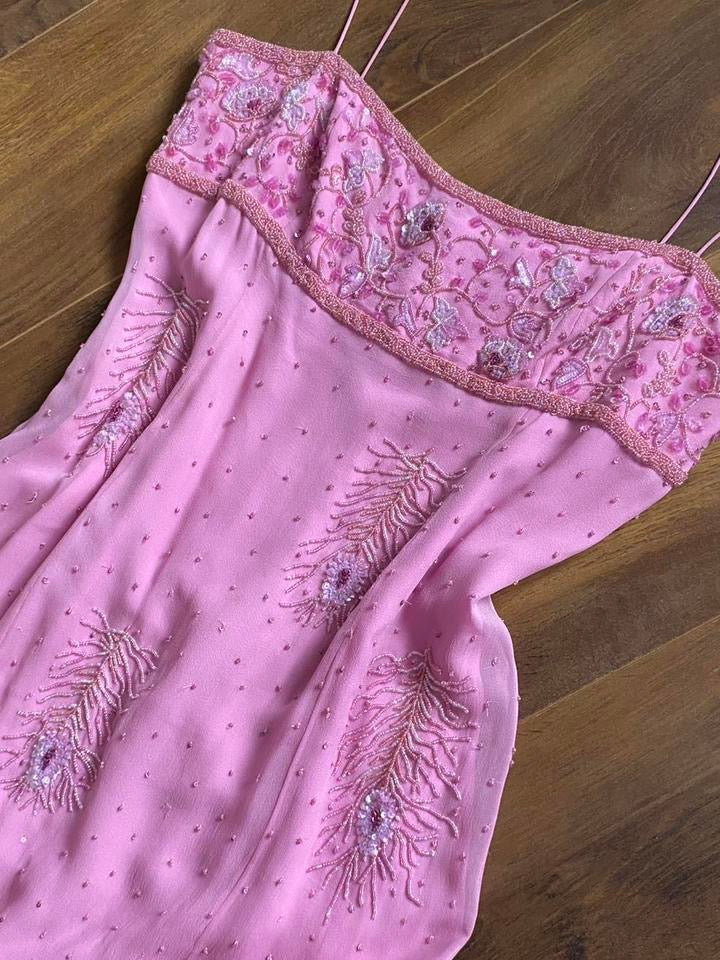 Baby pink 100% silk beaded evening dress uk 12-14