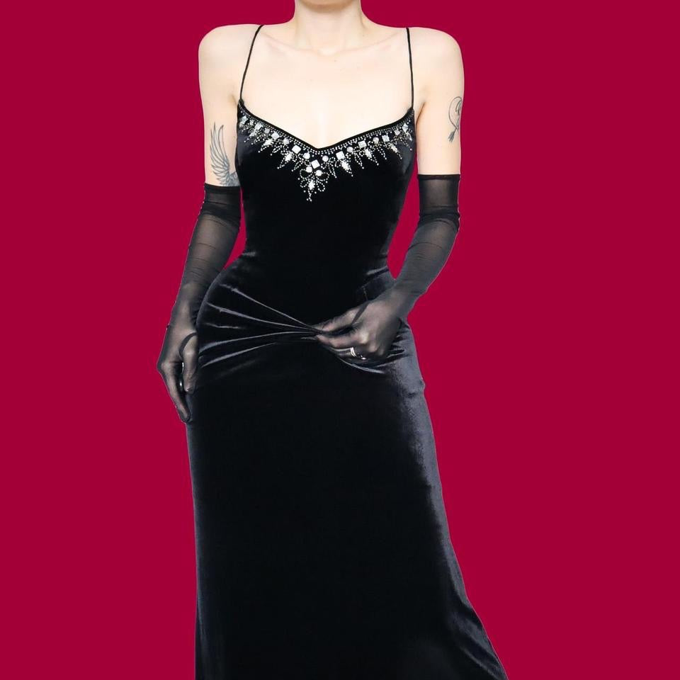 Black Flori Vintage 90s Velvet Beaded Gem Evening Gown Prom Dress UK Size 14-16