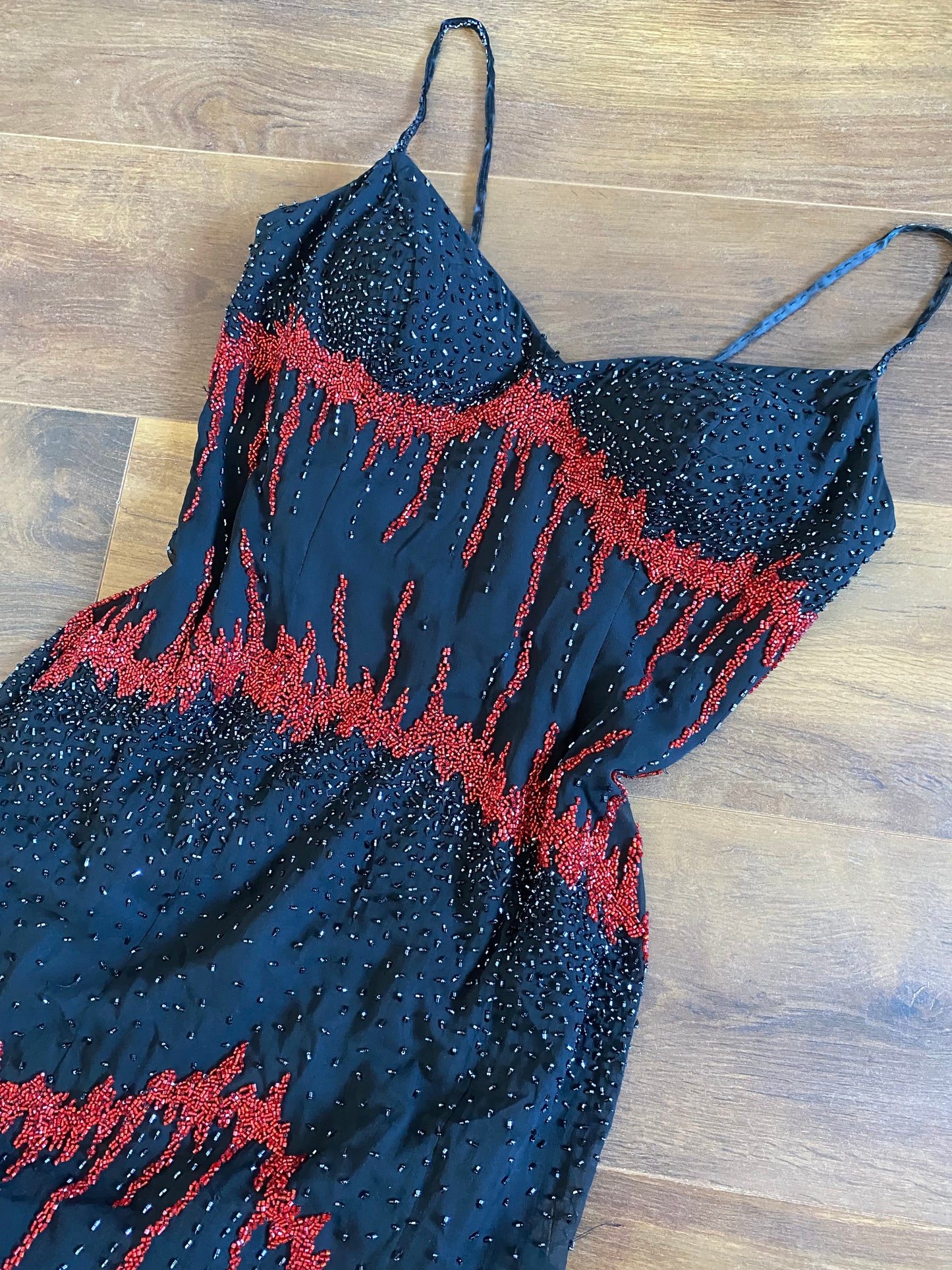 Black & red 100% silk beaded evening dress UK 14