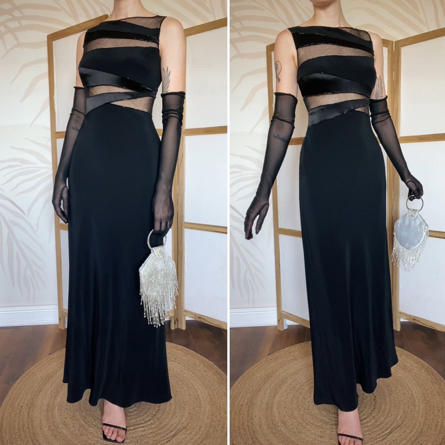 Black Dusk beaded sheer cut out evening dress UK 14