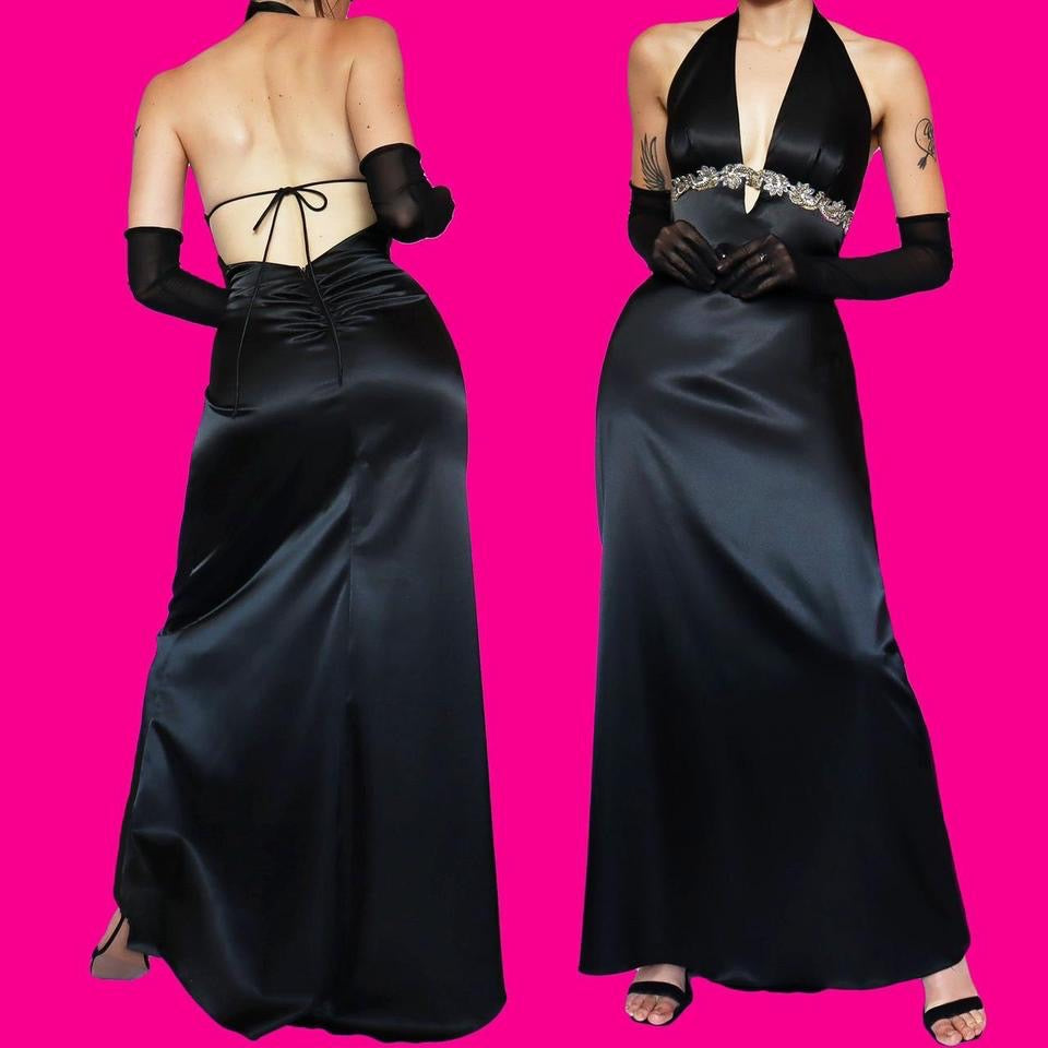 Vintage Zum Zum black satin halter-neck evening gown UK 14