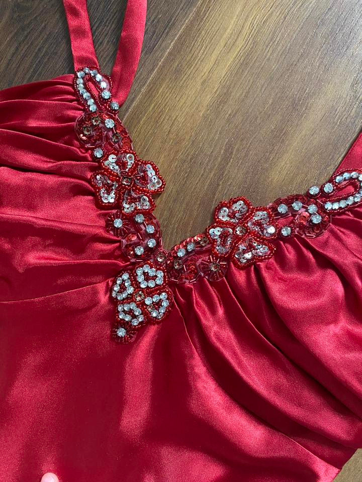 Niki Livas red satin prom dress uk 10