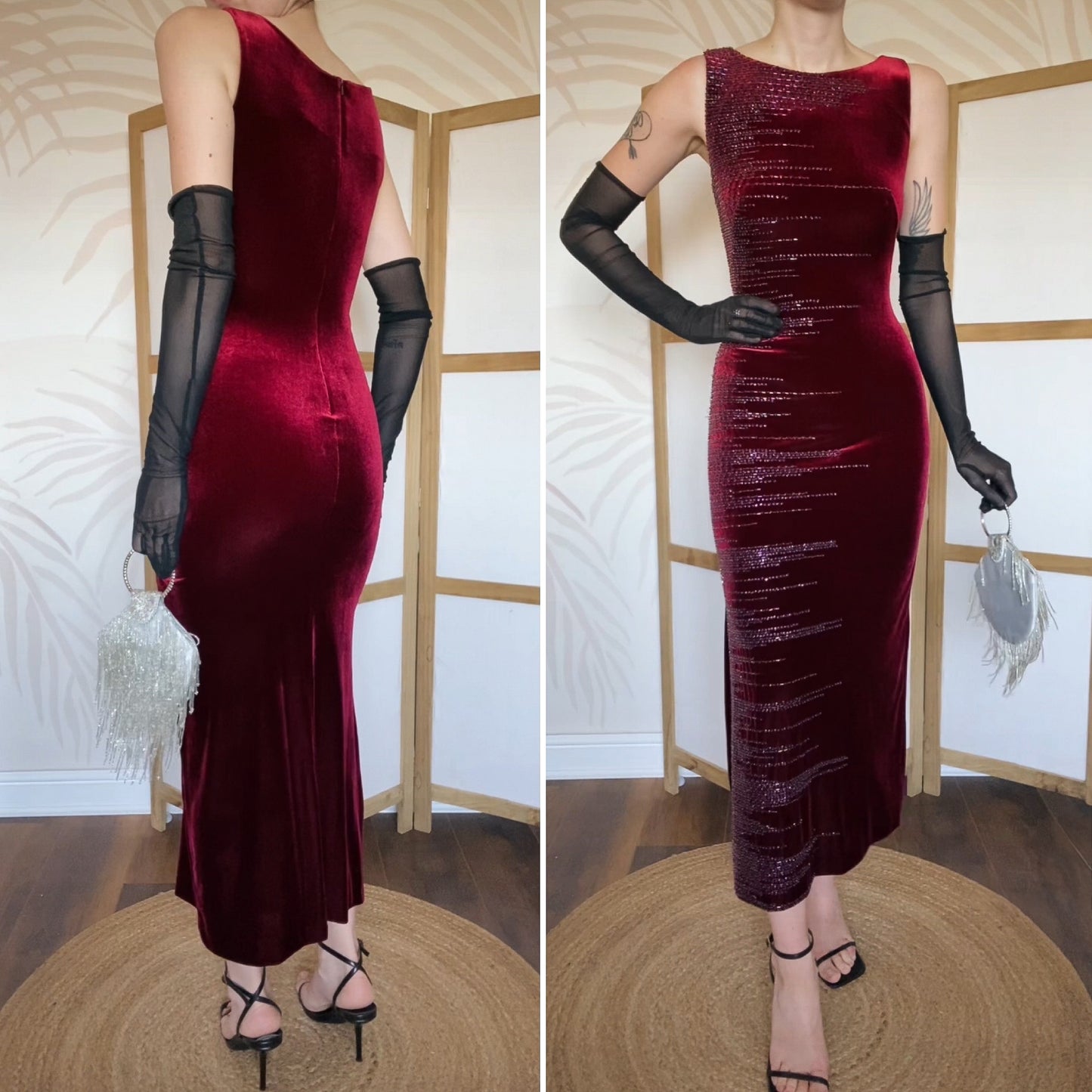 Frank Usher red velvet beaded evening dress uk 12