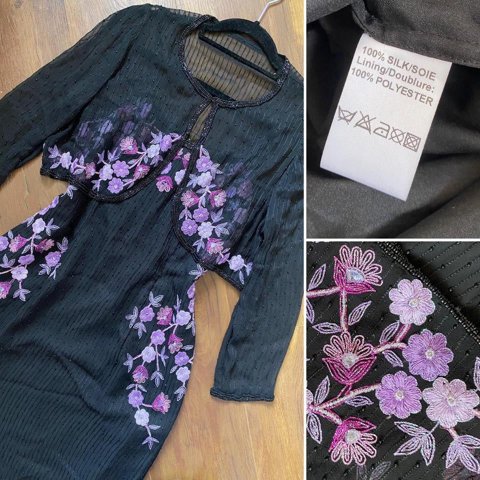 Black & purple silk beaded 2 piece uk 14