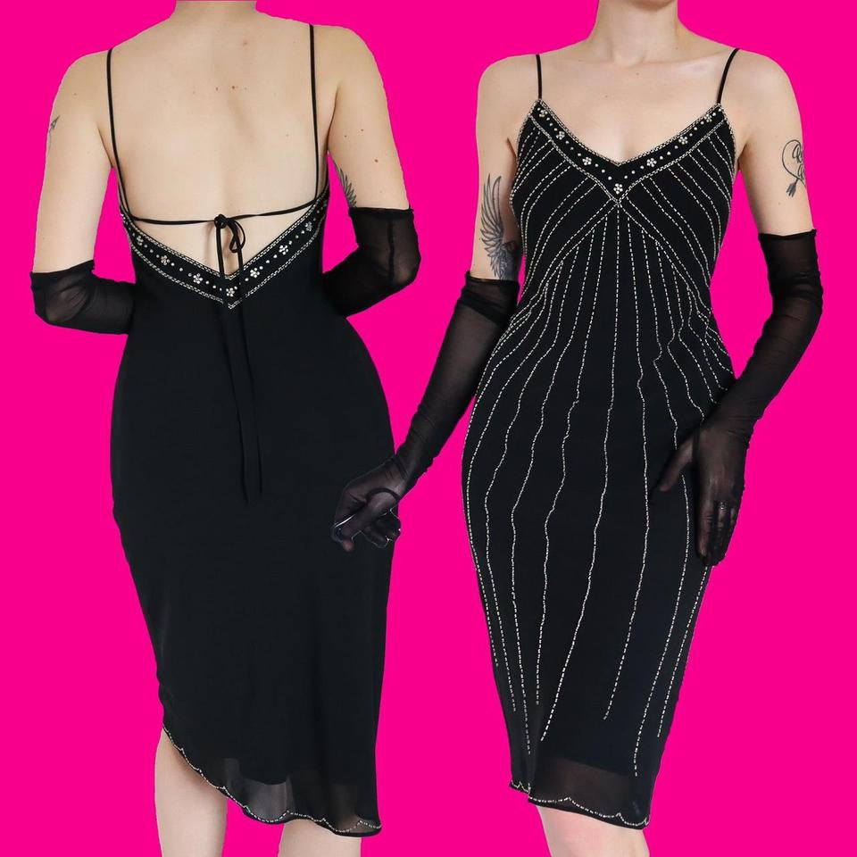 Black beaded halterneck midi dress UK 10