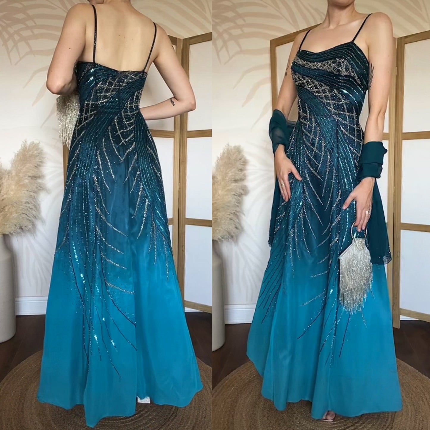 Teal Goya bead & sequin a-line prom dress uk 12