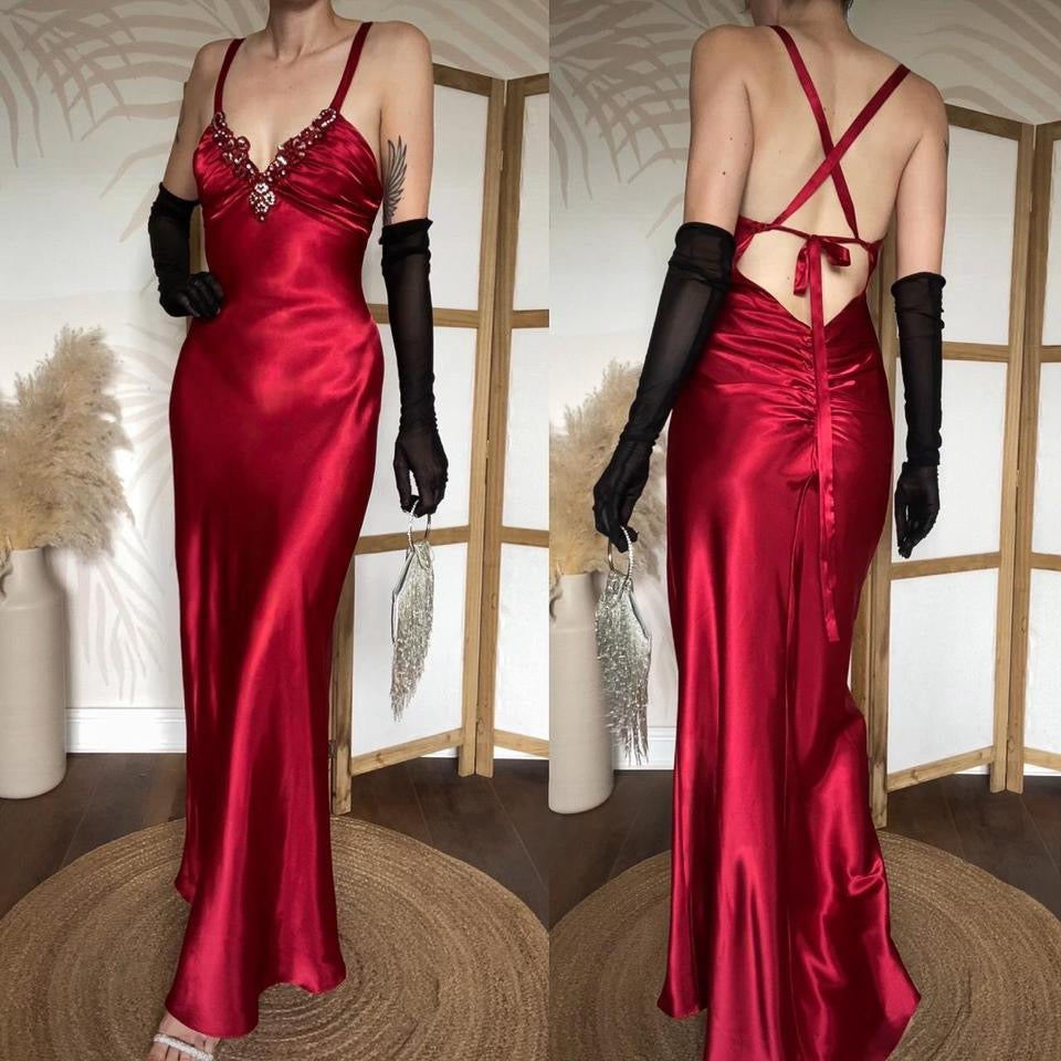 Niki Livas red satin prom dress uk 10