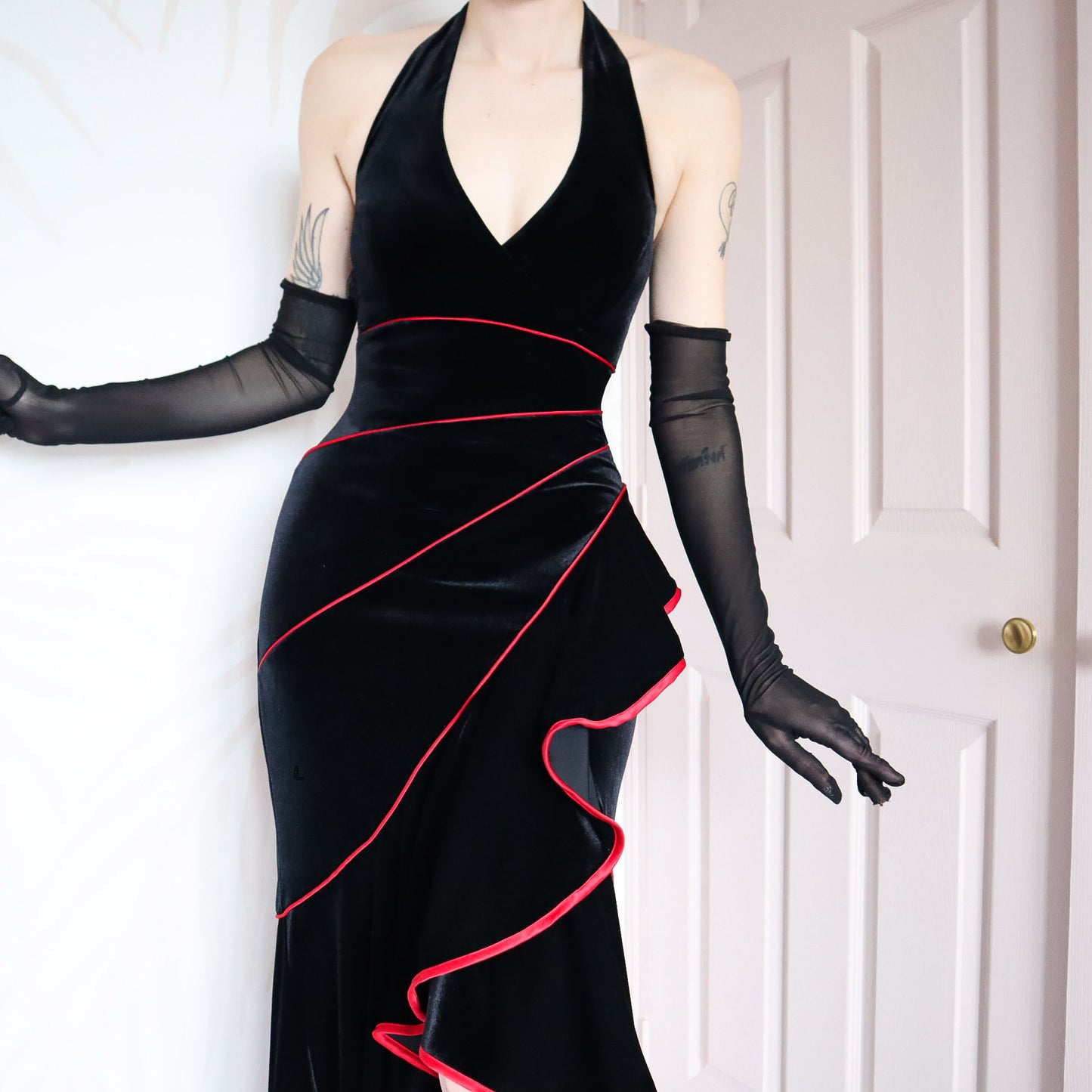 Vintage Niki Livas black velvet halter neck gown UK 12 & 14