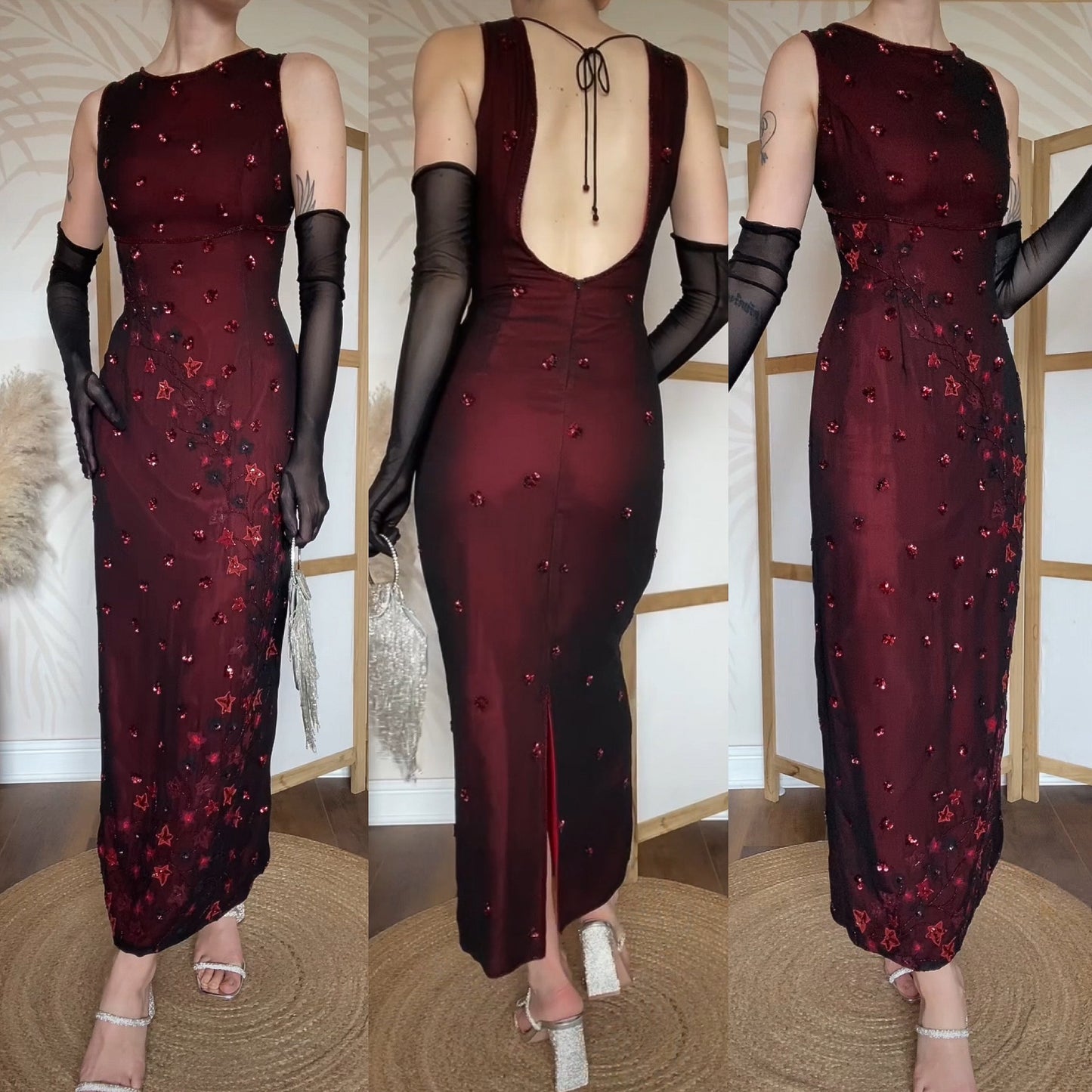 Red & black beaded open back evening dress uk 14