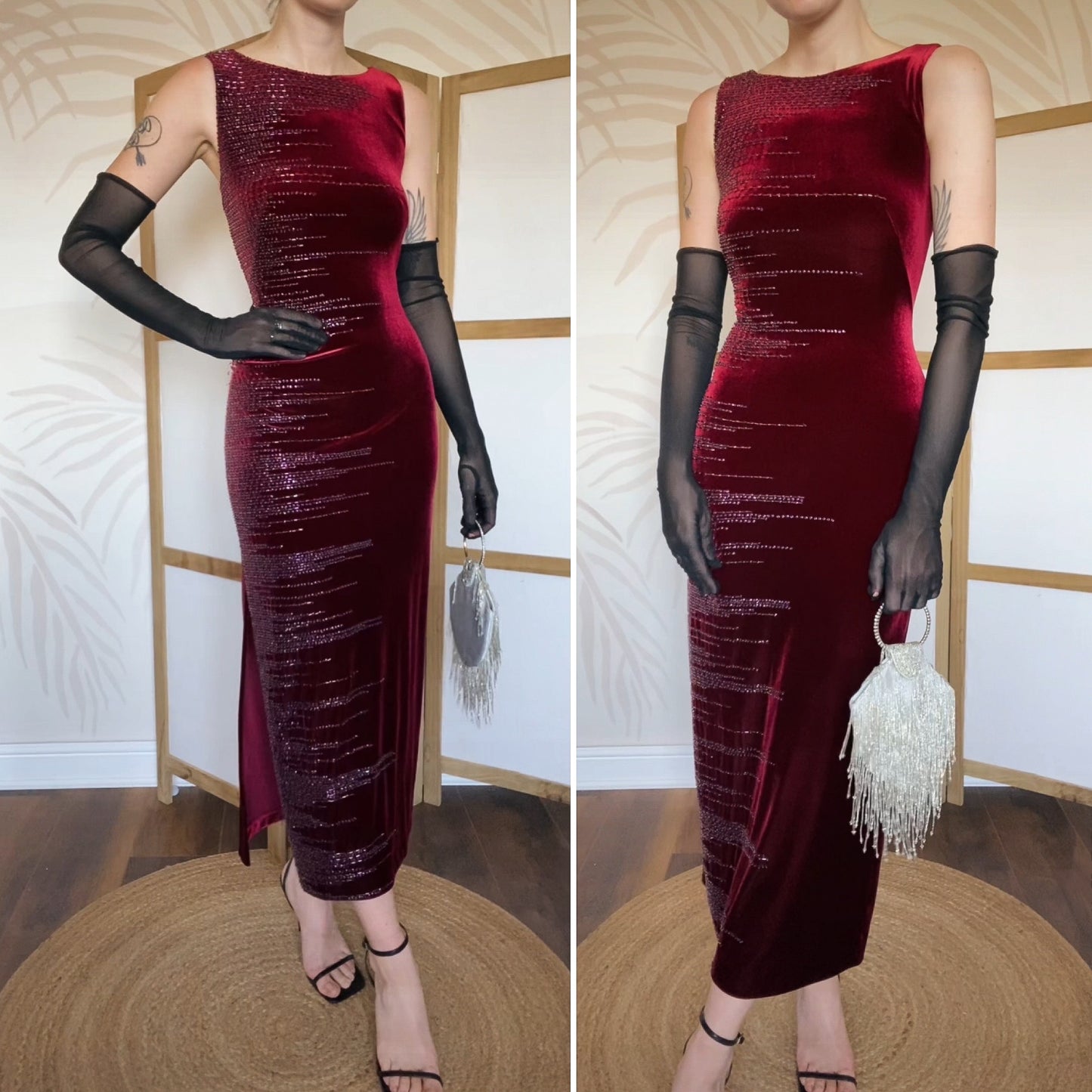 Frank Usher red velvet beaded evening dress uk 12