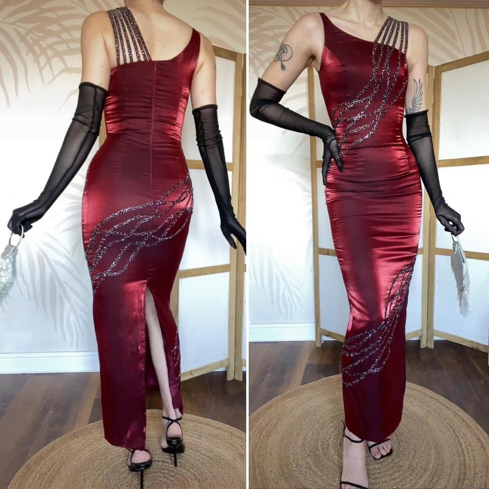 YVE London silky red beaded evening dress UK 6-8