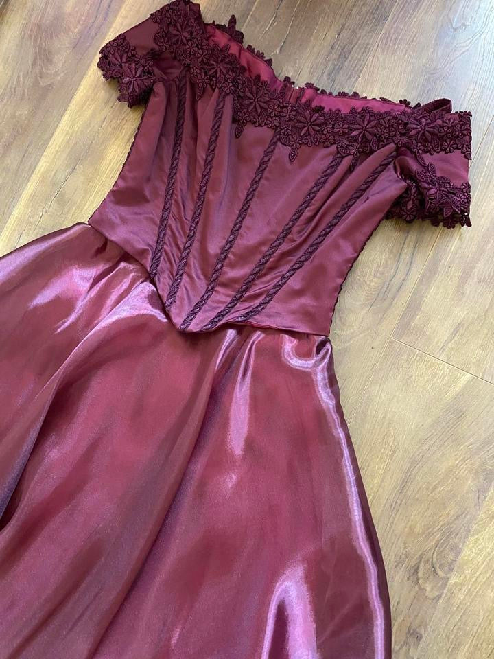 Burgundy off shoulder a-line prom dress uk 14
