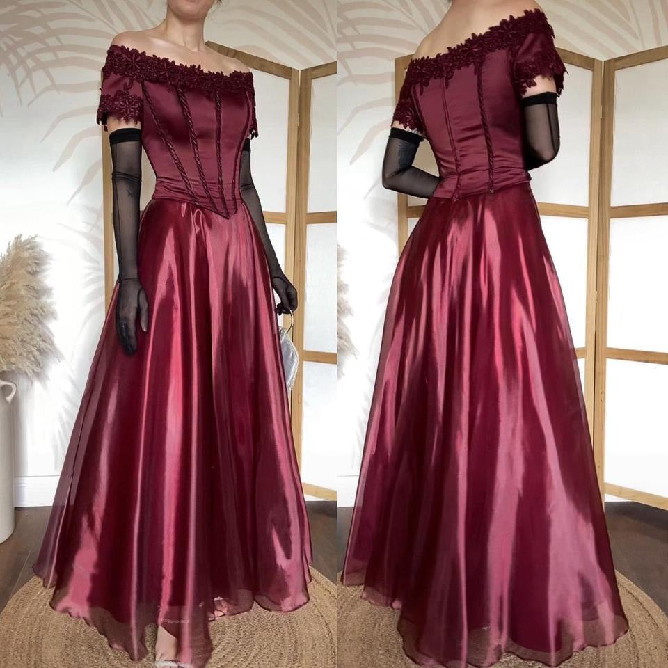 Burgundy off shoulder a-line prom dress uk 14