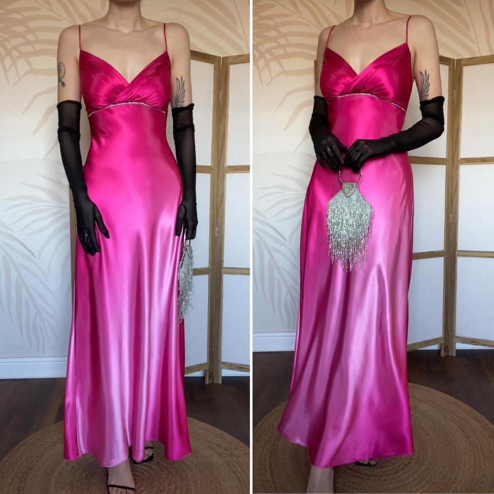 Silky pink ombré diamanté evening dress UK 14