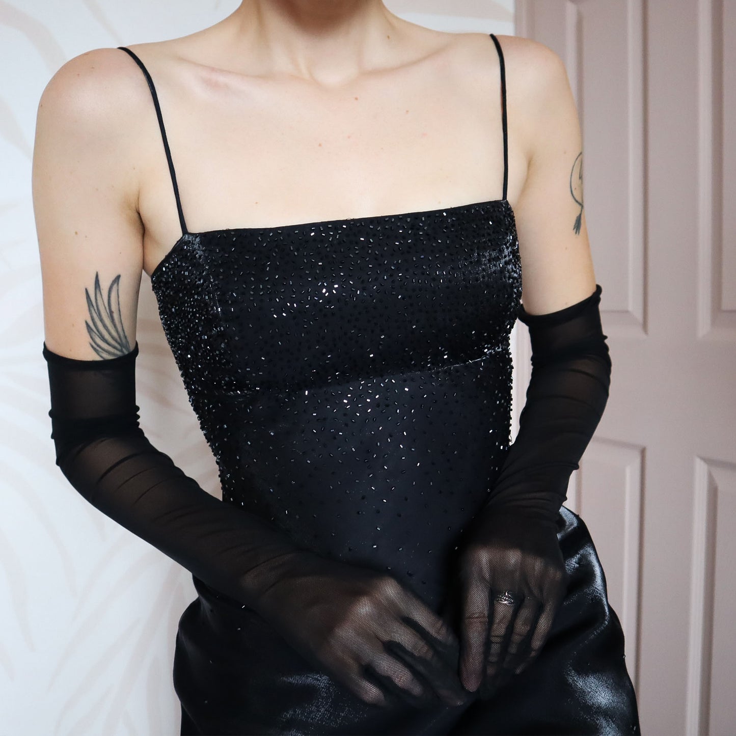 Silky black beaded evening dress UK 12