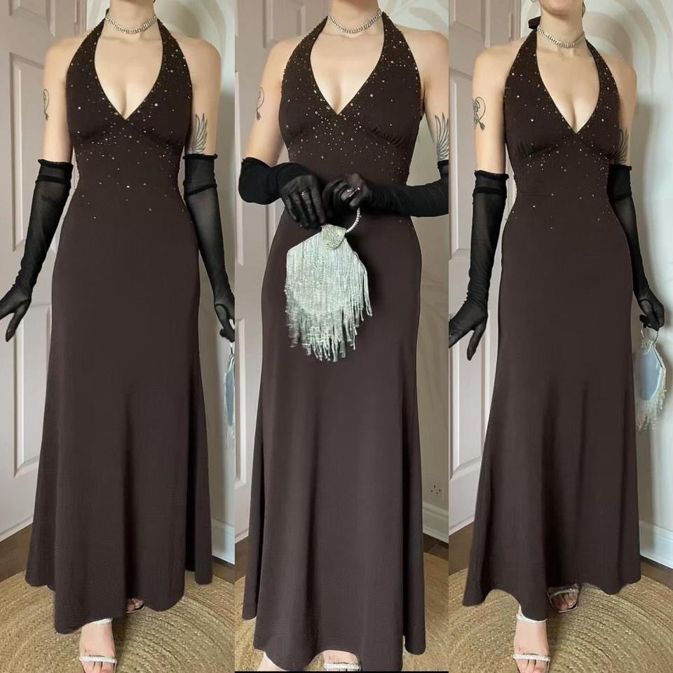 Brown Nightway halter-neck beaded dress UK 10