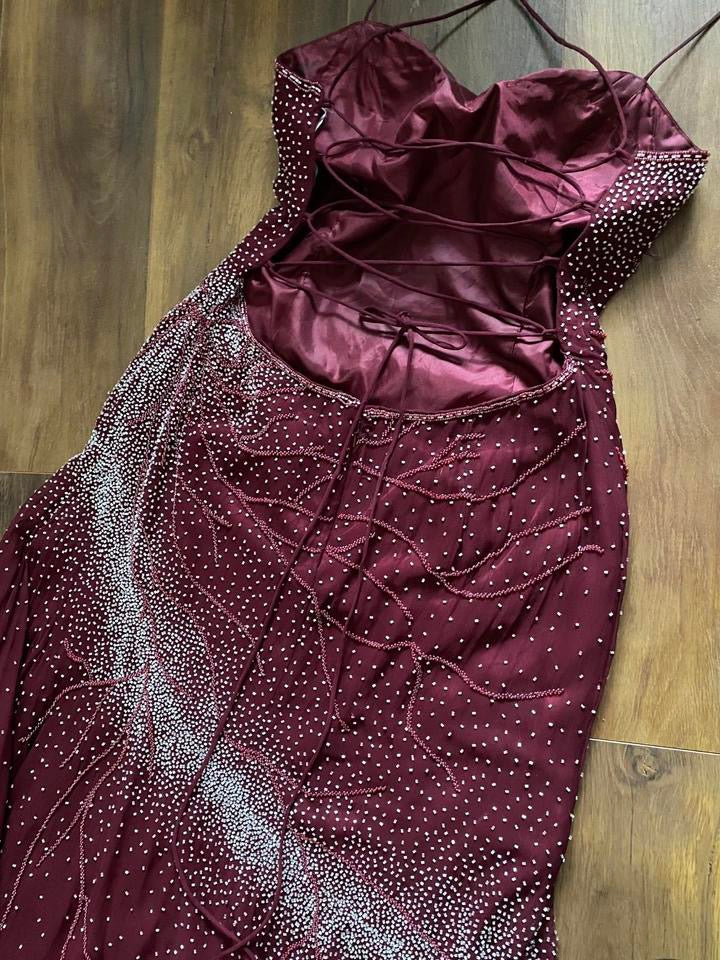 Burgundy vintage 100% silk beaded evening dress uk 14